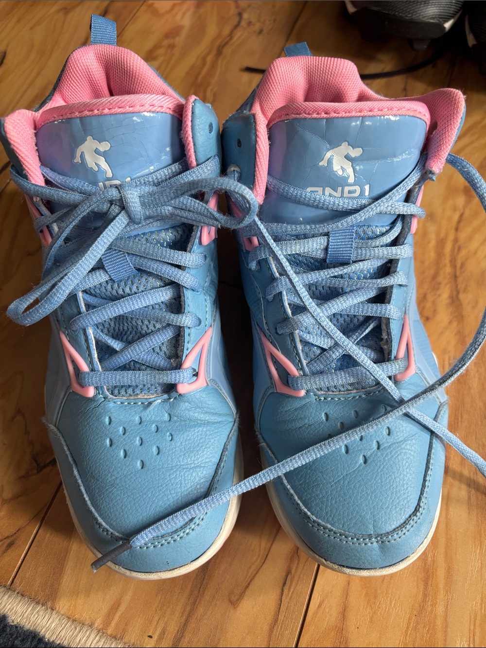And1 Light Blue and Pink Kids High-Top Sneakers for Basketball.